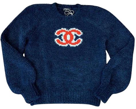 chanel 19kcc logo knit wool long sleeve blue sweater|chanel cardigan.